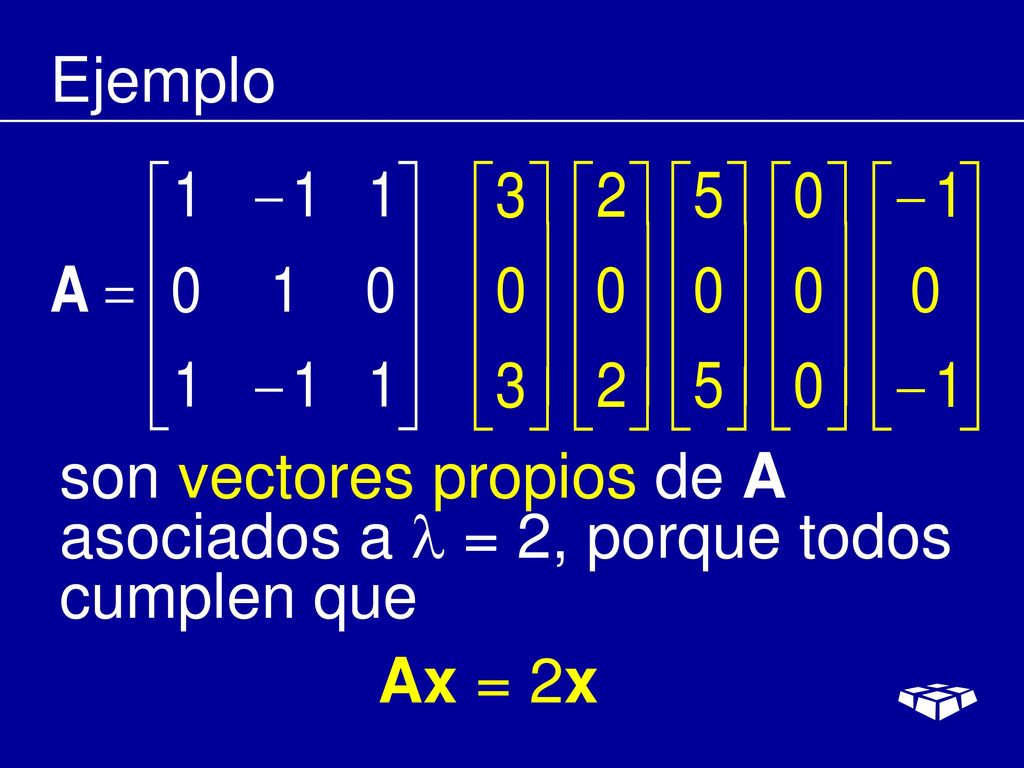 Ejemplo son vectores propios de A asociados a  = 2, porque todos cumplen que Ax = 2x