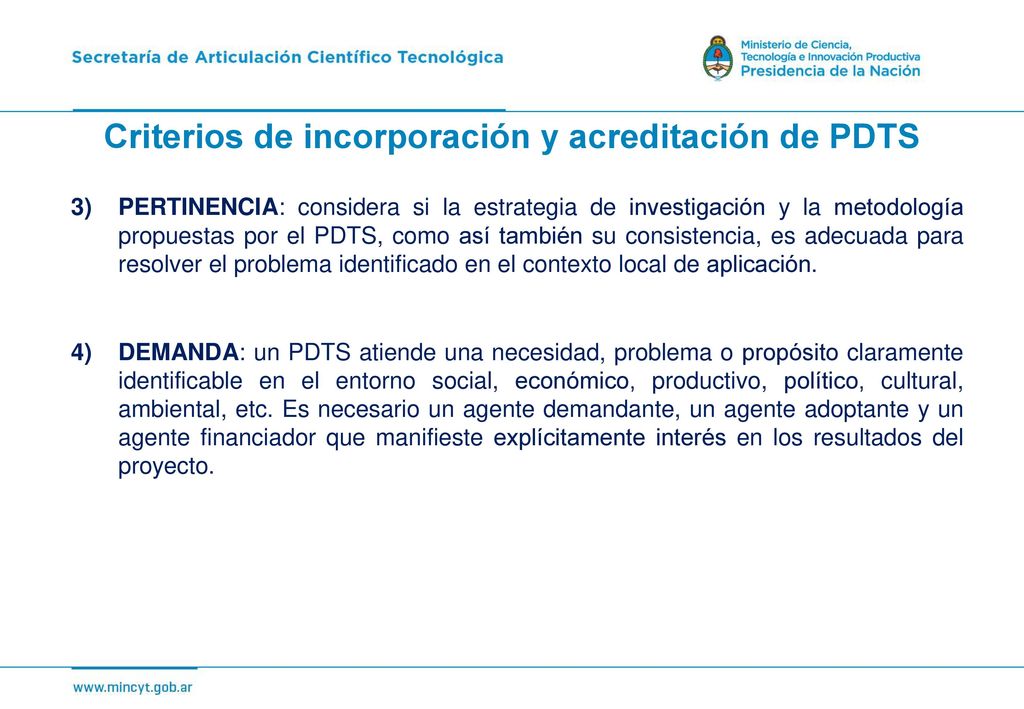 Criterios de incorporación y acreditación de PDTS