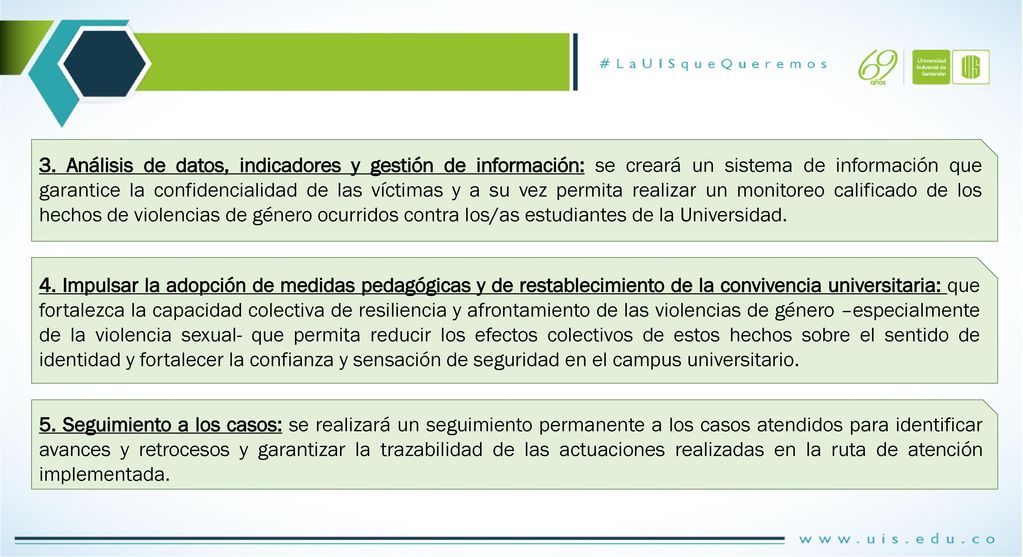 3. Análisis de datos, indicadores y gestión de información: se creará un sistema de información que garantice la confidencialidad de las víctimas y a su vez permita realizar un monitoreo calificado de los hechos de violencias de género ocurridos contra los/as estudiantes de la Universidad.