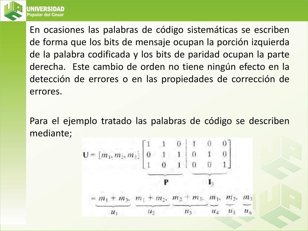 En ocasiones las palabras de código sistemáticas se escriben de forma que los bits de mensaje ocupan la porción izquierda de la palabra codificada y los bits de paridad ocupan la parte derecha.