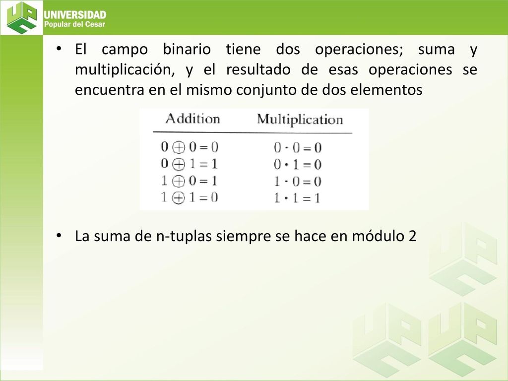 El campo binario tiene dos operaciones; suma y multiplicación, y el resultado de esas operaciones se encuentra en el mismo conjunto de dos elementos