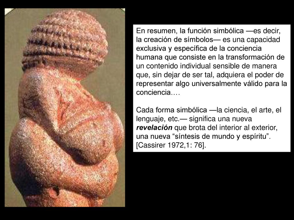 En resumen, la función simbólica —es decir, la creación de símbolos— es una capacidad exclusiva y específica de la conciencia humana que consiste en la transformación de un contenido individual sensible de manera que, sin dejar de ser tal, adquiera el poder de representar algo universalmente válido para la conciencia….