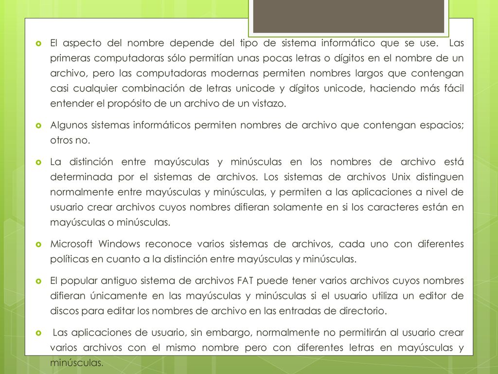 El aspecto del nombre depende del tipo de sistema informático que se use. Las primeras computadoras sólo permitían unas pocas letras o dígitos en el nombre de un archivo, pero las computadoras modernas permiten nombres largos que contengan casi cualquier combinación de letras unicode y dígitos unicode, haciendo más fácil entender el propósito de un archivo de un vistazo.
