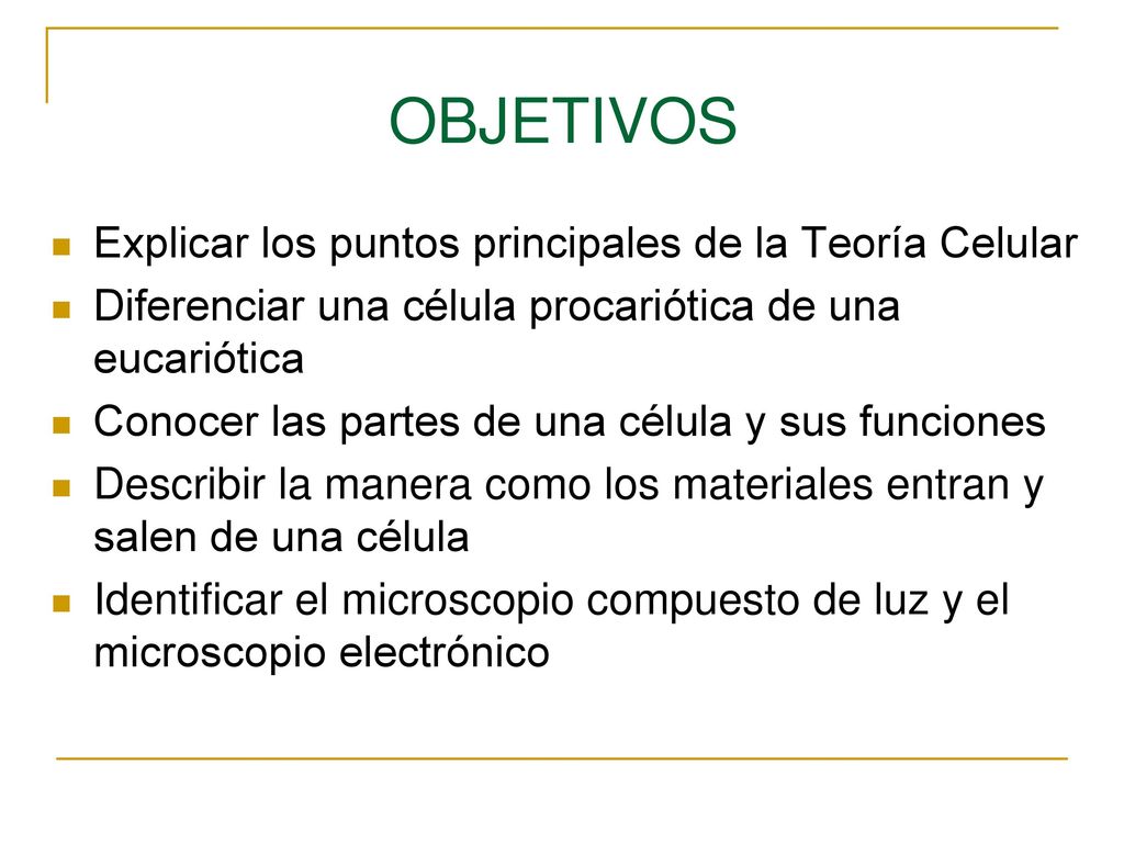 OBJETIVOS Explicar los puntos principales de la Teoría Celular