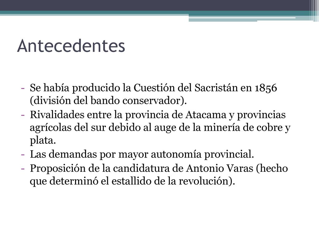Antecedentes Se había producido la Cuestión del Sacristán en 1856 (división del bando conservador).