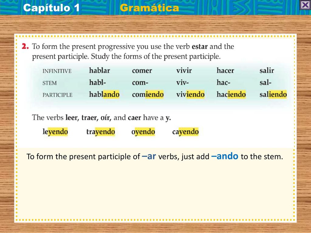 Capítulo 1 Gramática To form the present participle of –ar verbs, just add –ando to the stem.