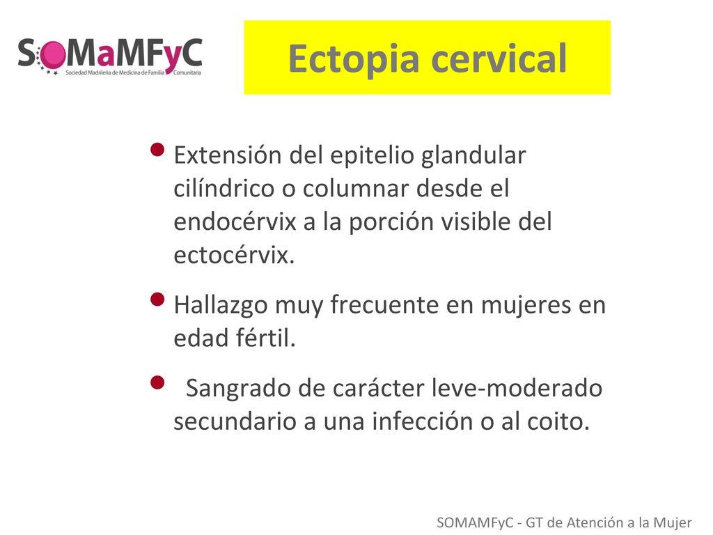 Ectopia cervical Extensión del epitelio glandular cilíndrico o columnar desde el endocérvix a la porción visible del ectocérvix.
