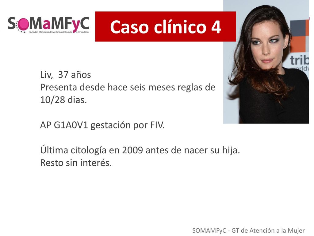 Caso clínico 4 Liv, 37 años. Presenta desde hace seis meses reglas de 10/28 dias. AP G1A0V1 gestación por FIV.