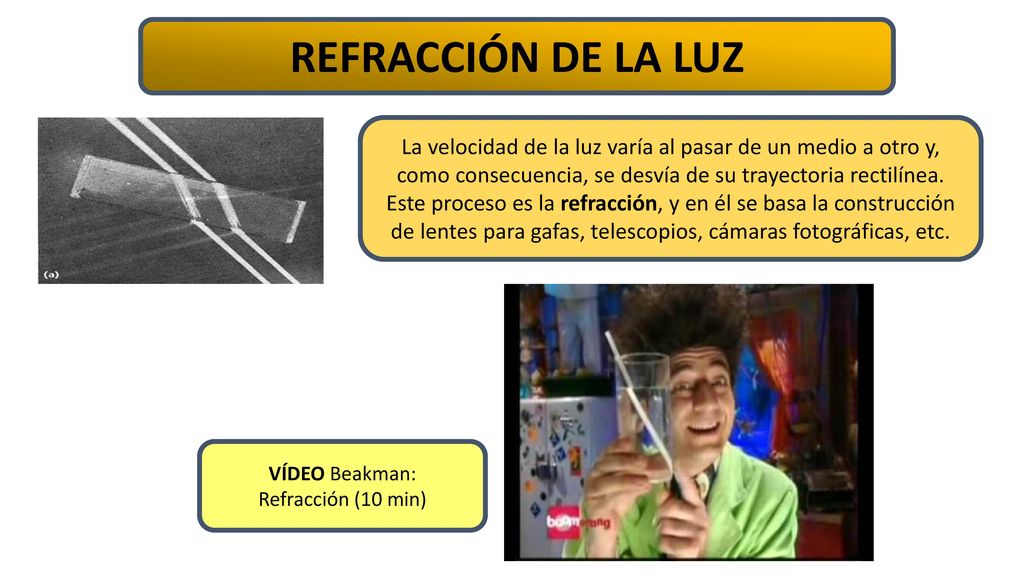 REFRACCIÓN DE LA LUZ La velocidad de la luz varía al pasar de un medio a otro y, como consecuencia, se desvía de su trayectoria rectilínea.