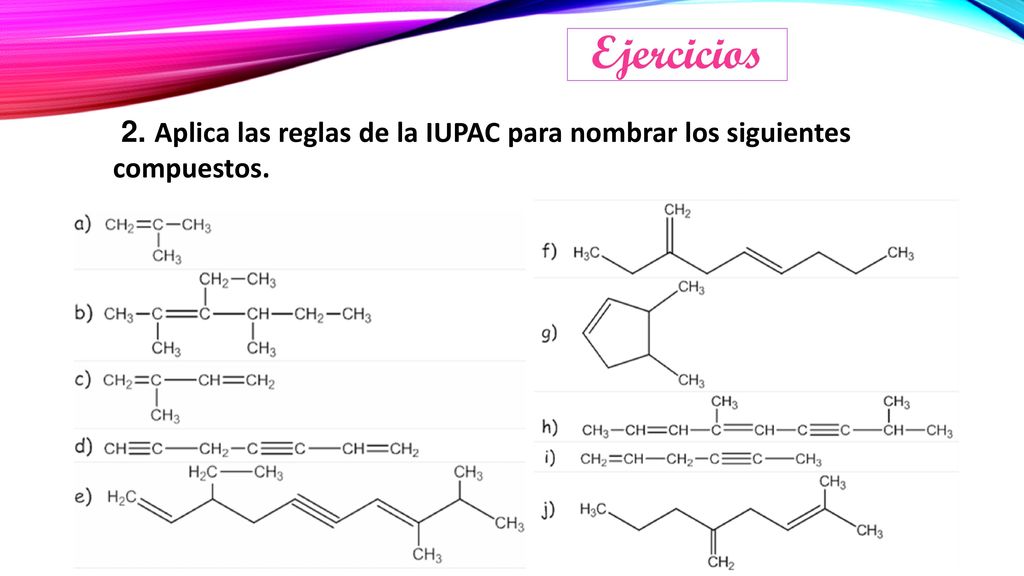 Ejercicios 2. Aplica las reglas de la IUPAC para nombrar los siguientes compuestos.