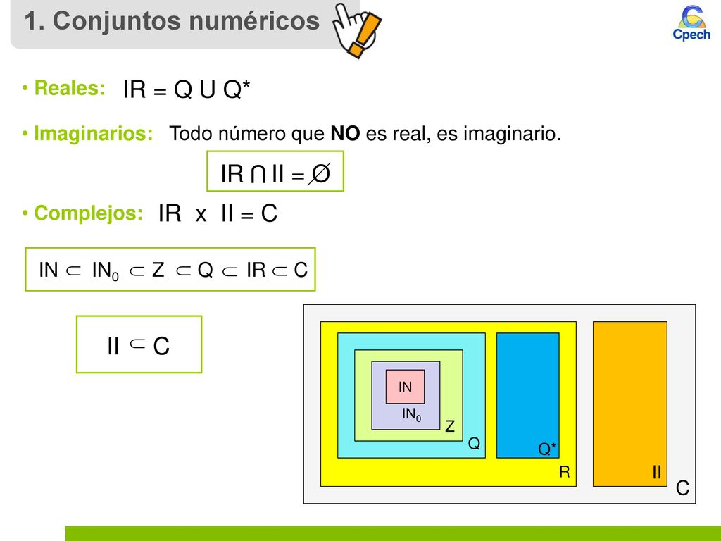 1. Conjuntos numéricos IR = Q U Q* IR U II = O IR x II = C II C
