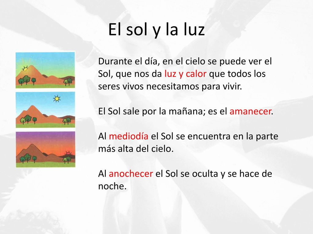 El sol y la luz Durante el día, en el cielo se puede ver el Sol, que nos da luz y calor que todos los seres vivos necesitamos para vivir.