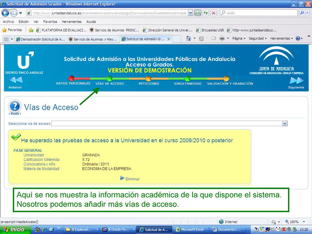 Aquí se nos muestra la información académica de la que dispone el sistema.