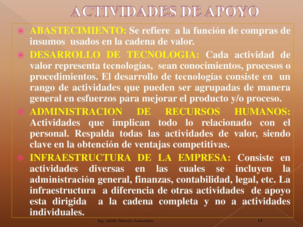 ACTIVIDADES DE APOYO ABASTECIMIENTO: Se refiere a la función de compras de insumos usados en la cadena de valor.