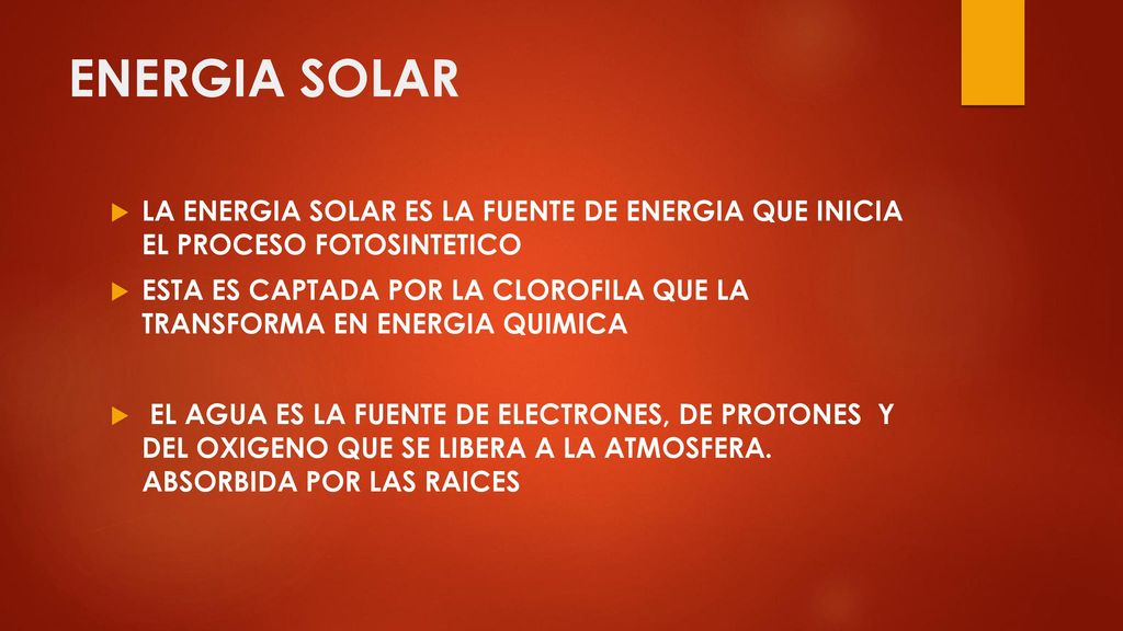 ENERGIA SOLAR LA ENERGIA SOLAR ES LA FUENTE DE ENERGIA QUE INICIA EL PROCESO FOTOSINTETICO.
