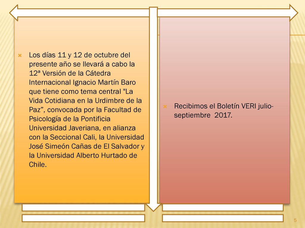 Los días 11 y 12 de octubre del presente año se llevará a cabo la 12ª Versión de la Cátedra Internacional Ignacio Martín Baro que tiene como tema central La Vida Cotidiana en la Urdimbre de la Paz , convocada por la Facultad de Psicología de la Pontificia Universidad Javeriana, en alianza con la Seccional Cali, la Universidad José Simeón Cañas de El Salvador y la Universidad Alberto Hurtado de Chile.