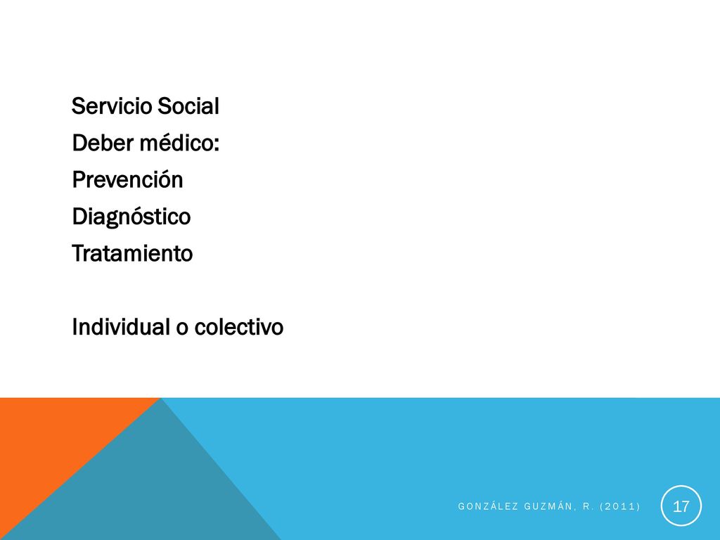 Servicio Social Deber médico: Prevención Diagnóstico Tratamiento Individual o colectivo