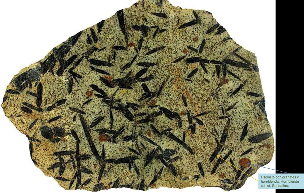 Esquisto con granates y hornblenda. Hornblende schist. Sandatlas.