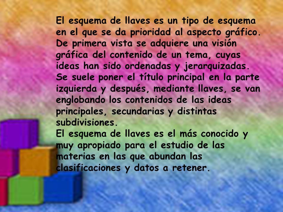 El esquema de llaves es un tipo de esquema en el que se da prioridad al aspecto gráfico. De primera vista se adquiere una visión gráfica del contenido de un tema, cuyas ideas han sido ordenadas y jerarquizadas.