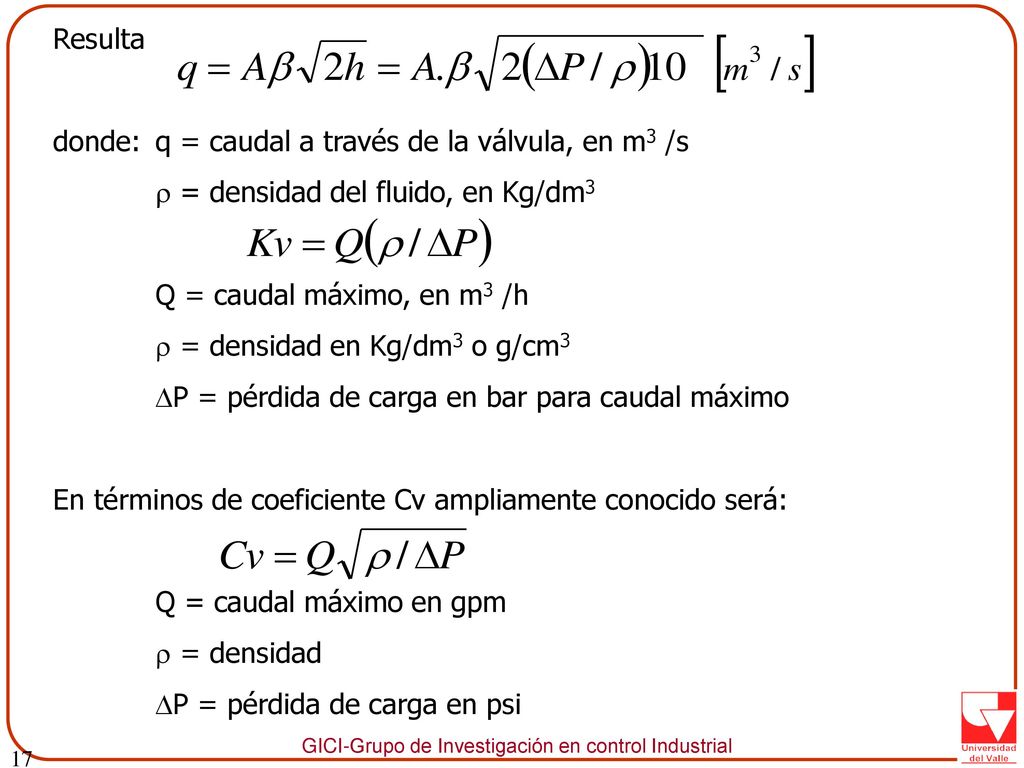 donde: q = caudal a través de la válvula, en m3 /s