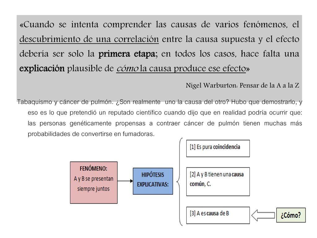 «Cuando se intenta comprender las causas de varios fenómenos, el descubrimiento de una correlación entre la causa supuesta y el efecto debería ser solo la primera etapa; en todos los casos, hace falta una explicación plausible de cómo la causa produce ese efecto»