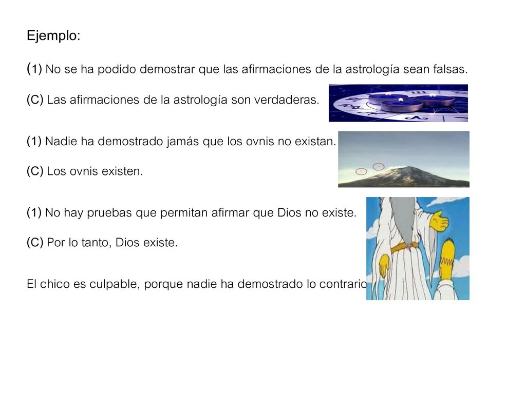 Ejemplo: (1) No se ha podido demostrar que las afirmaciones de la astrología sean falsas. (C) Las afirmaciones de la astrología son verdaderas.