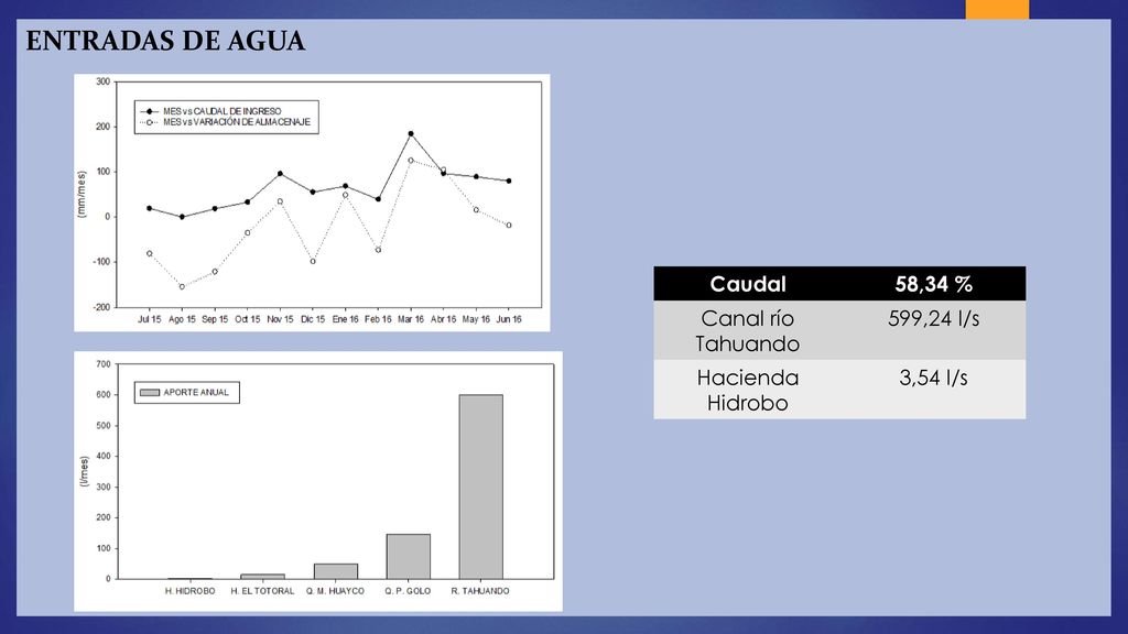 Entradas de agua Caudal 58,34 % Canal río Tahuando 599,24 l/s