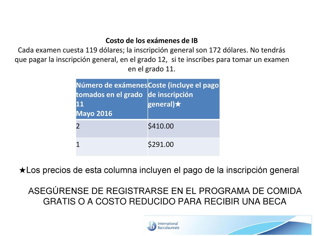 Costo de los exámenes de IB Cada examen cuesta 119 dólares; la inscripción general son 172 dólares. No tendrás que pagar la inscripción general, en el grado 12, si te inscribes para tomar un examen en el grado 11.