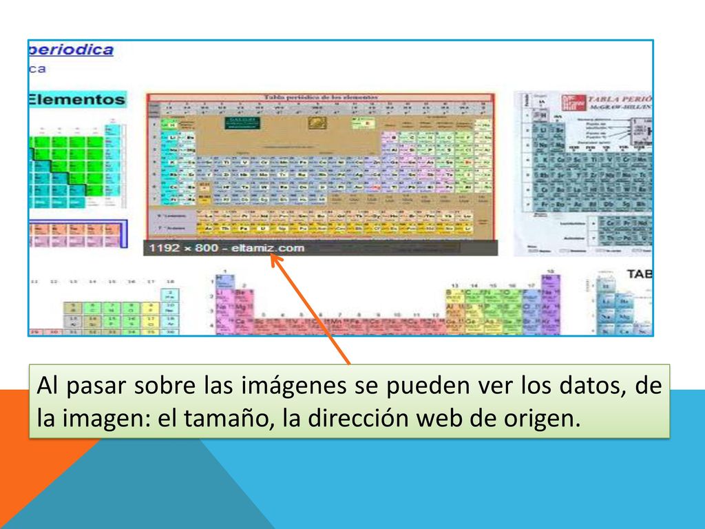 Al pasar sobre las imágenes se pueden ver los datos, de la imagen: el tamaño, la dirección web de origen.