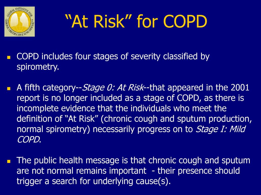 At Risk for COPD COPD includes four stages of severity classified by spirometry.
