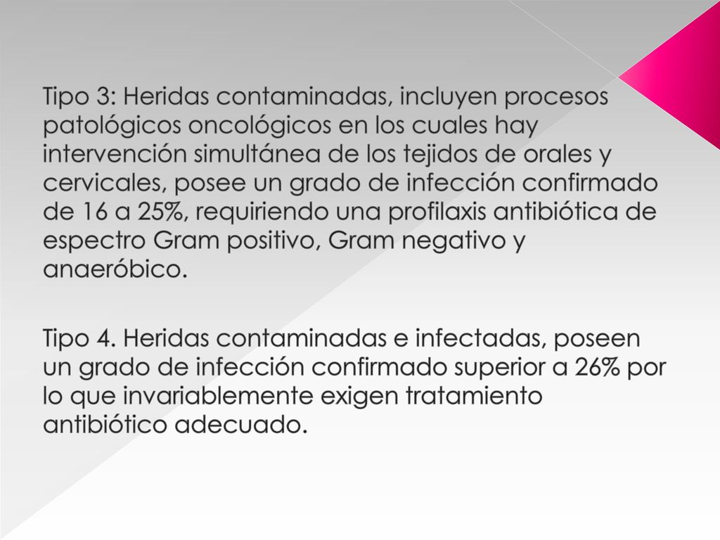 Tipo 3: Heridas contaminadas, incluyen procesos patológicos oncológicos en los cuales hay intervención simultánea de los tejidos de orales y cervicales, posee un grado de infección confirmado de 16 a 25%, requiriendo una profilaxis antibiótica de espectro Gram positivo, Gram negativo y anaeróbico.