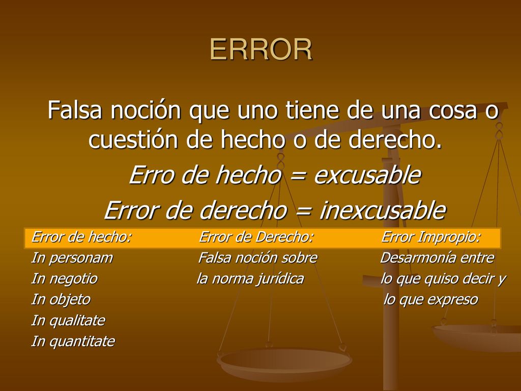 ERROR Falsa noción que uno tiene de una cosa o cuestión de hecho o de derecho. Erro de hecho = excusable.
