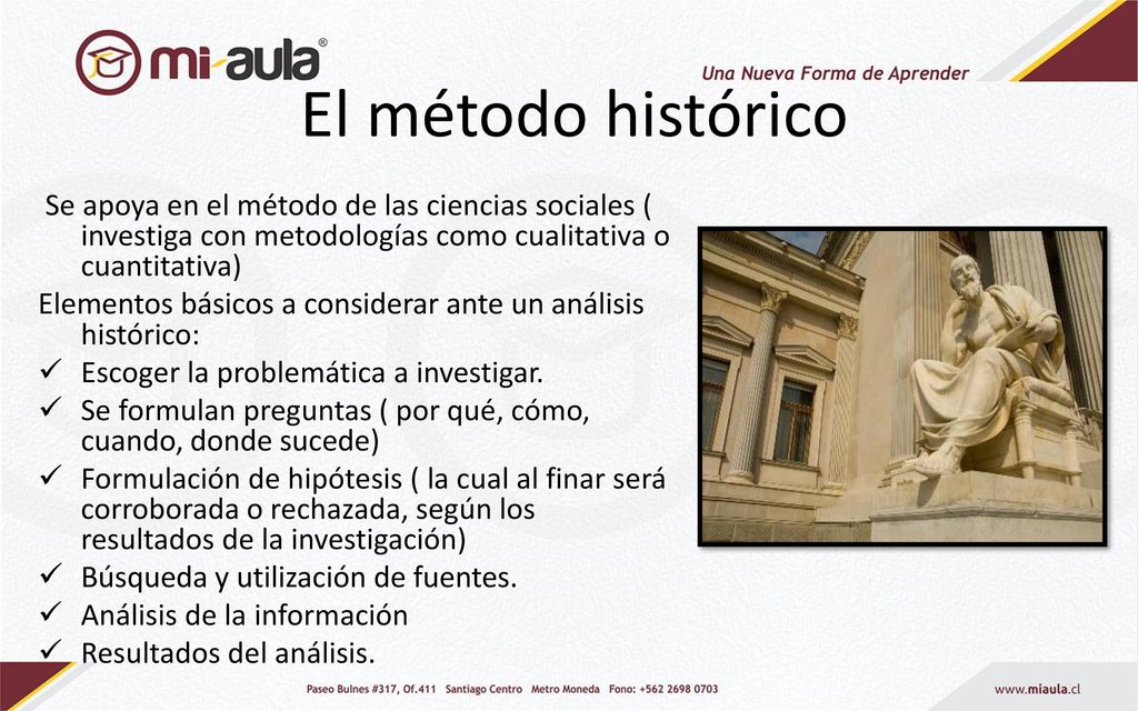 El método histórico Se apoya en el método de las ciencias sociales ( investiga con metodologías como cualitativa o cuantitativa)
