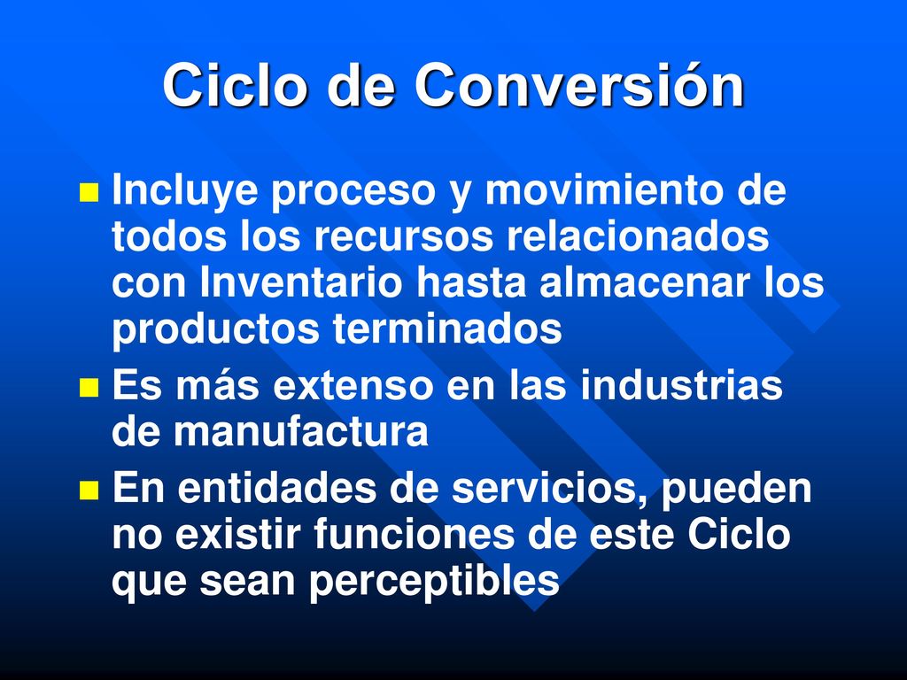 Ciclo de Conversión Incluye proceso y movimiento de todos los recursos relacionados con Inventario hasta almacenar los productos terminados.