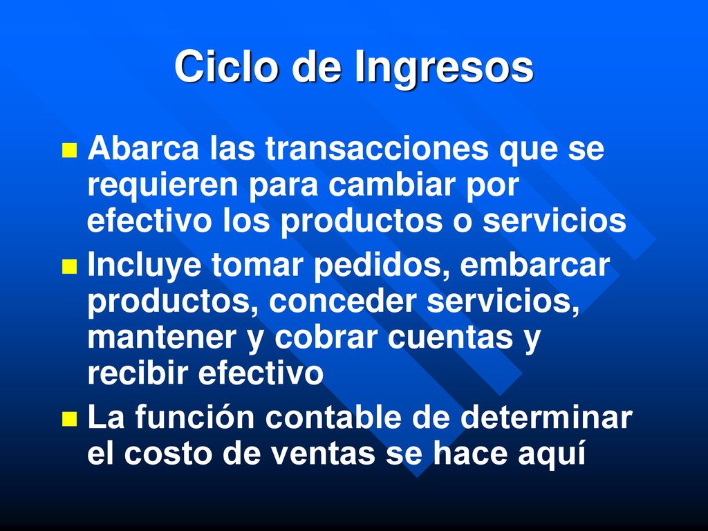 Ciclo de Ingresos Abarca las transacciones que se requieren para cambiar por efectivo los productos o servicios.