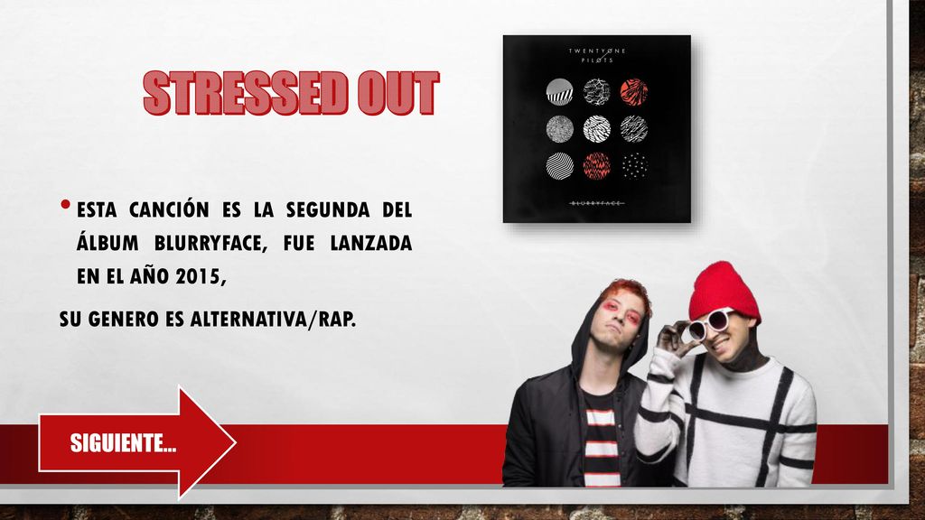 STRESSED OUT Esta canción es la segunda del álbum Blurryface, fue lanzada en el año 2015, Su genero es alternativa/rap.