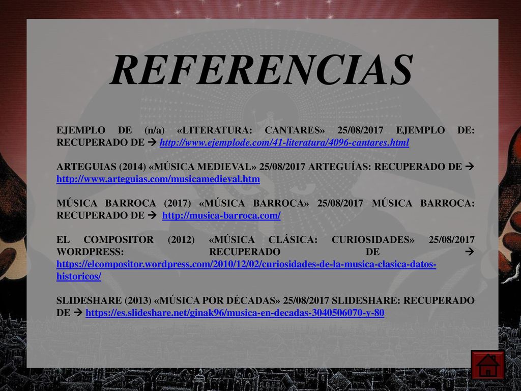 REFERENCIAS EJEMPLO DE (n/a) «LITERATURA: CANTARES» 25/08/2017 EJEMPLO DE: RECUPERADO DE 