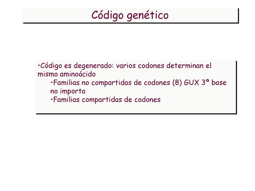 Código genético Código es degenerado: varios codones determinan el mismo aminoácido. Familias no compartidas de codones (8) GUX 3ª base no importa.