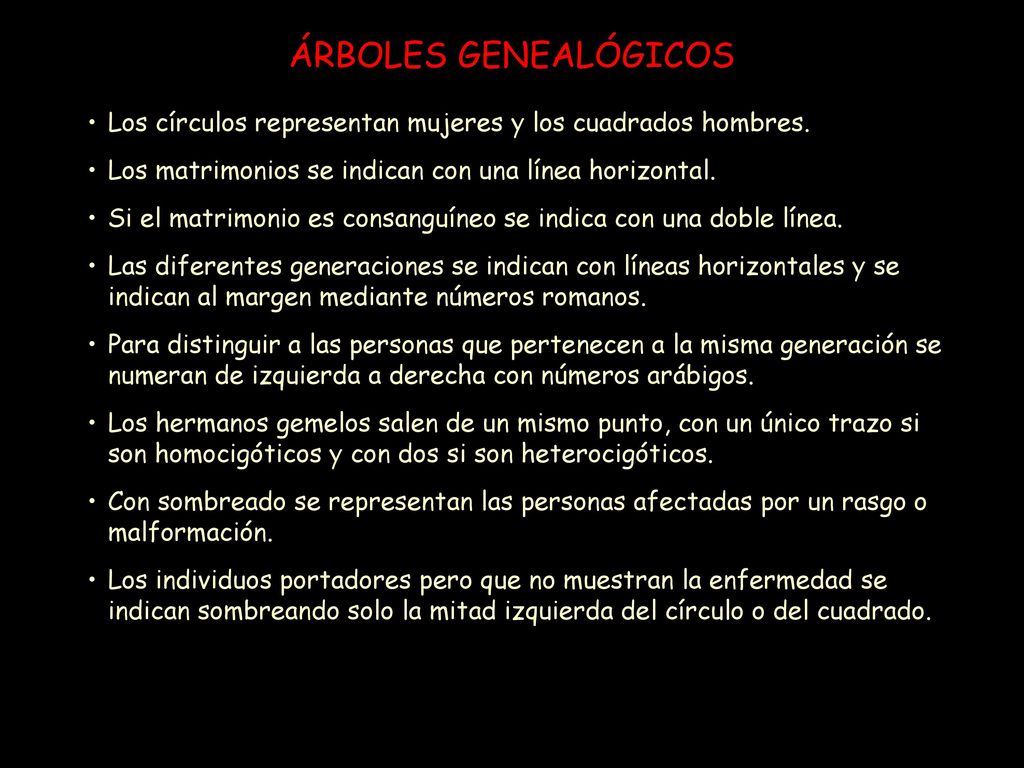 ÁRBOLES GENEALÓGICOS Los círculos representan mujeres y los cuadrados hombres. Los matrimonios se indican con una línea horizontal.
