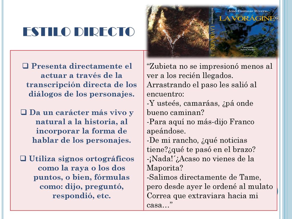 ESTILO DIRECTO Presenta directamente el actuar a través de la transcripción directa de los diálogos de los personajes.