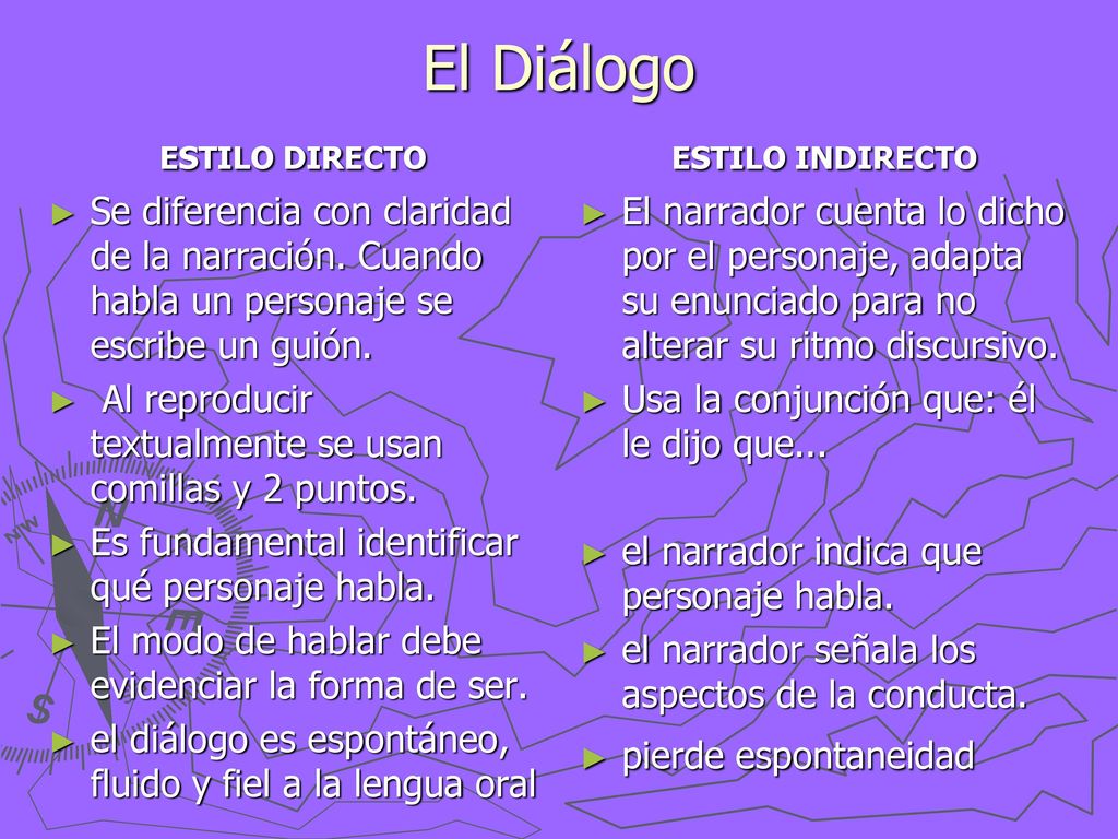 El Diálogo ESTILO DIRECTO. Se diferencia con claridad de la narración. Cuando habla un personaje se escribe un guión.