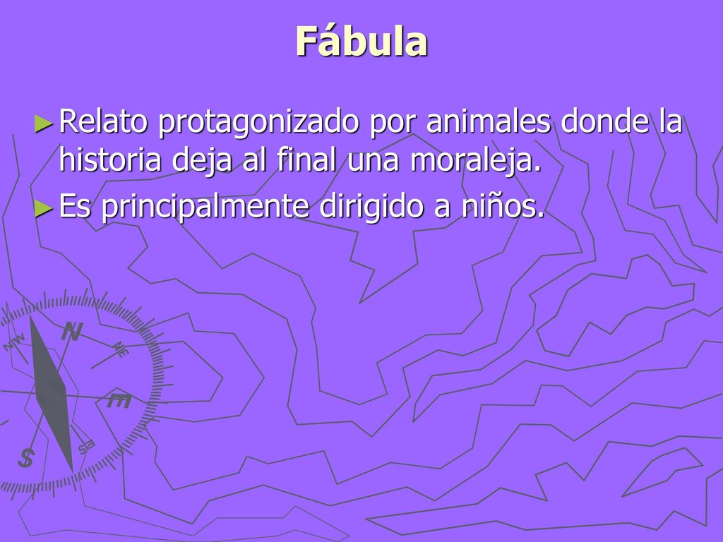 Fábula Relato protagonizado por animales donde la historia deja al final una moraleja.