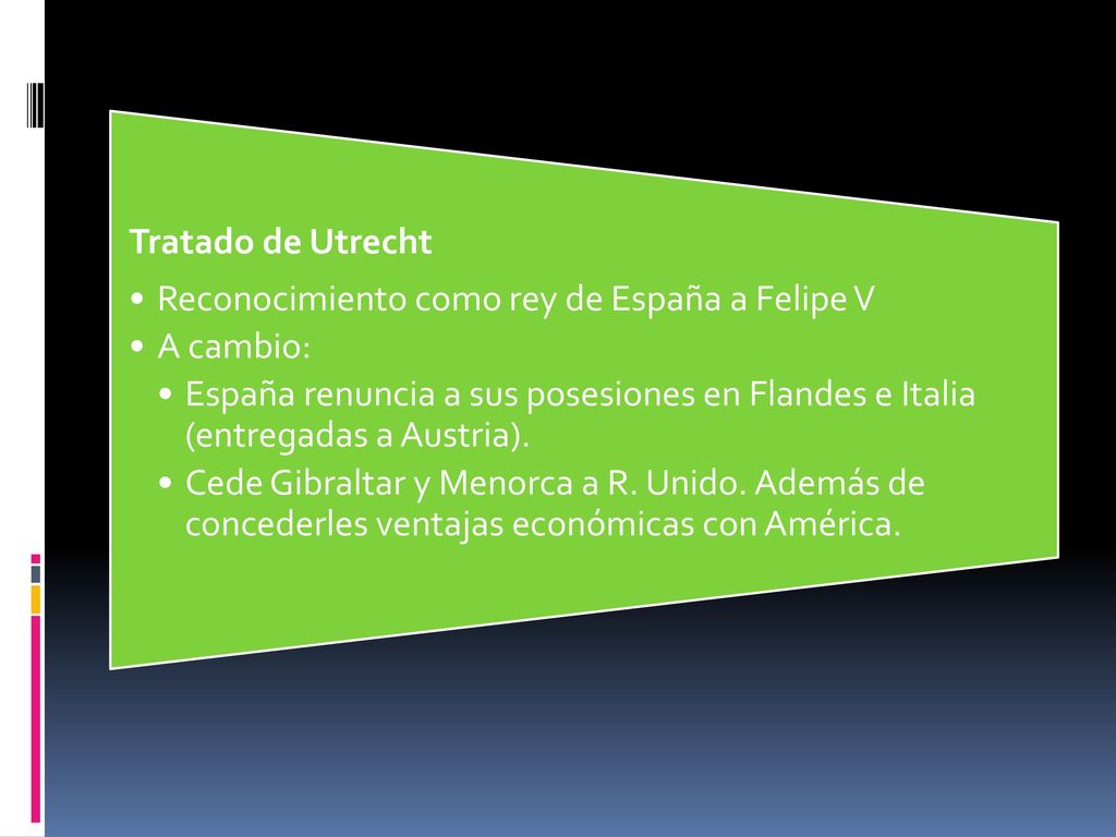 Tratado de Utrecht Reconocimiento como rey de España a Felipe V. A cambio:
