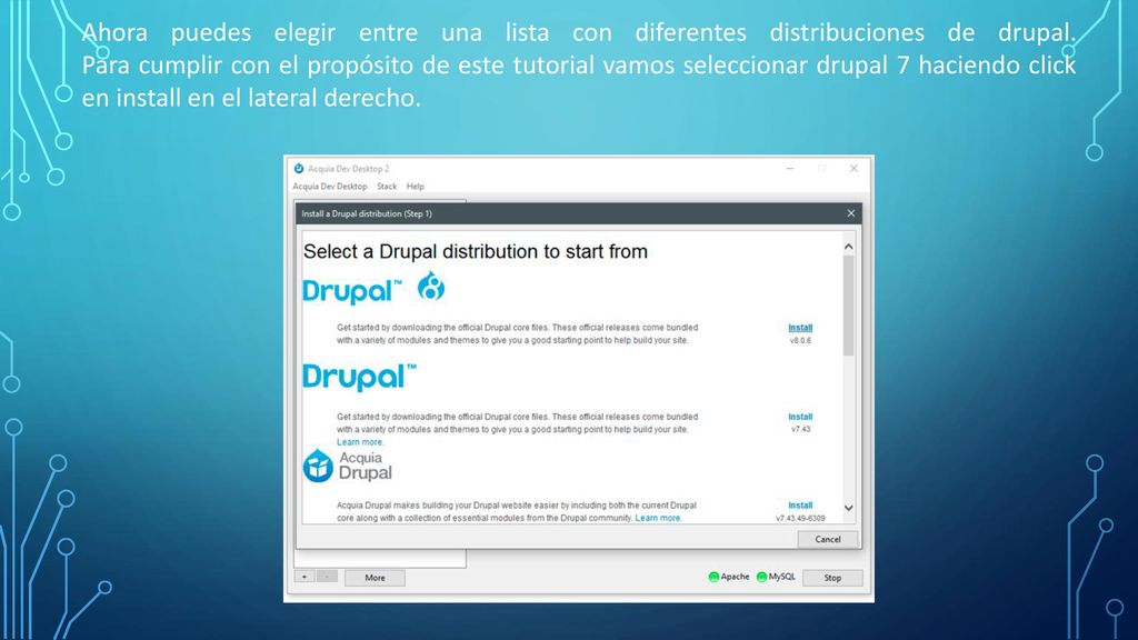 Ahora puedes elegir entre una lista con diferentes distribuciones de drupal.
