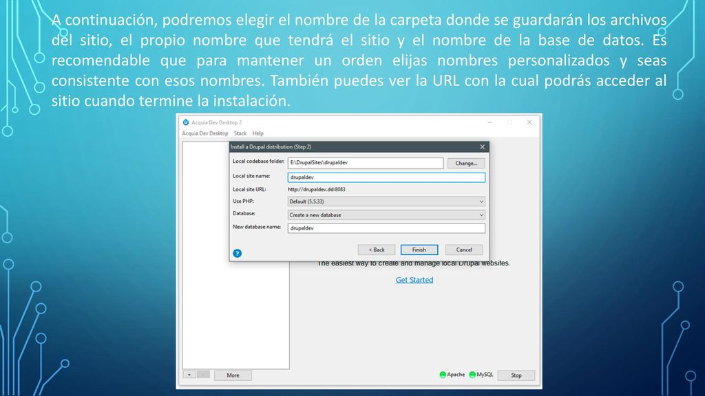 A continuación, podremos elegir el nombre de la carpeta donde se guardarán los archivos del sitio, el propio nombre que tendrá el sitio y el nombre de la base de datos.