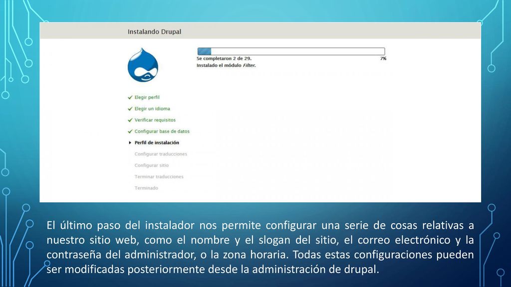El último paso del instalador nos permite configurar una serie de cosas relativas a nuestro sitio web, como el nombre y el slogan del sitio, el correo electrónico y la contraseña del administrador, o la zona horaria.