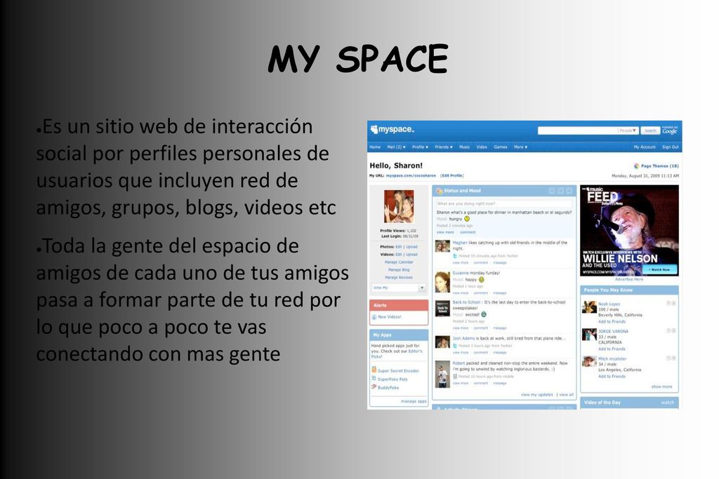 MY SPACE Es un sitio web de interacción social por perfiles personales de usuarios que incluyen red de amigos, grupos, blogs, videos etc.