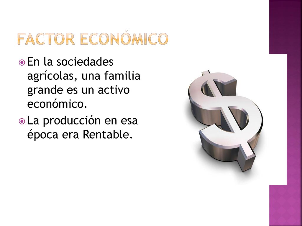 FACTOR ECONÓMICO En la sociedades agrícolas, una familia grande es un activo económico.