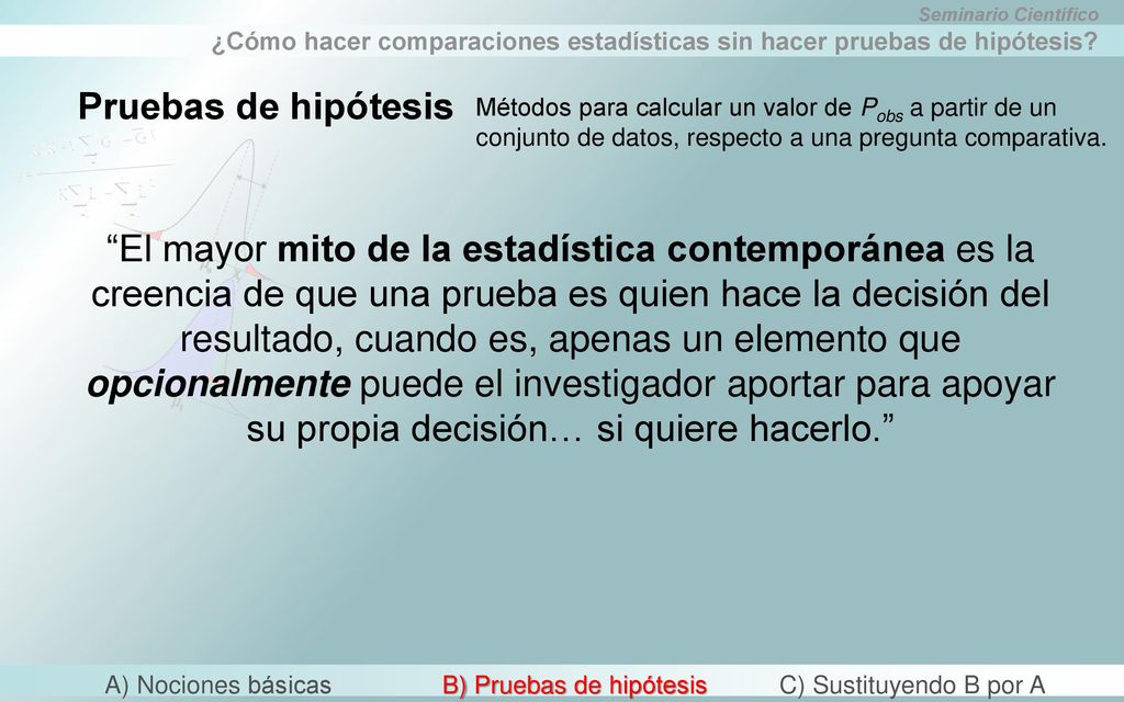 Pruebas de hipótesis Métodos para calcular un valor de Pobs a partir de un conjunto de datos, respecto a una pregunta comparativa.