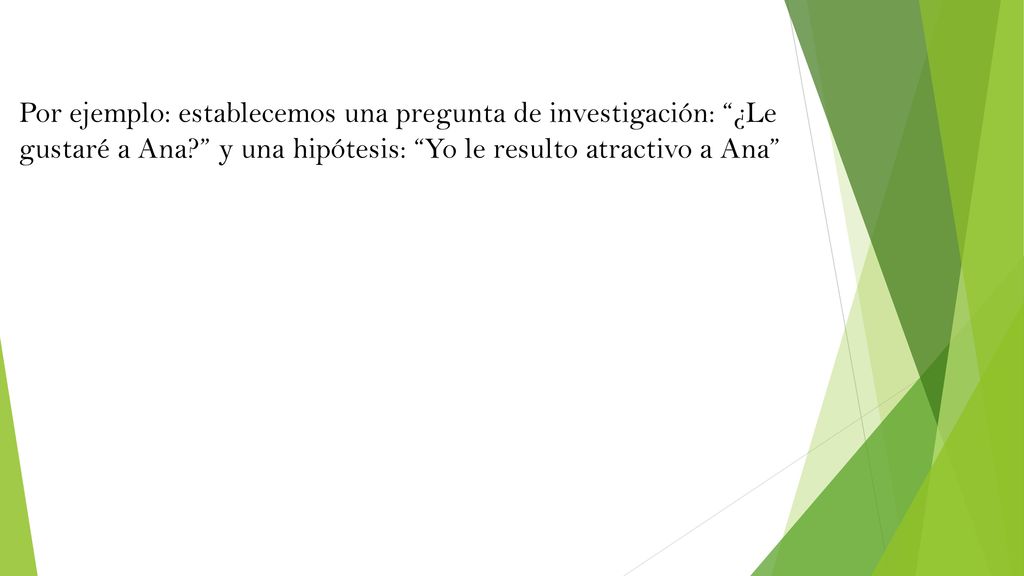 Por ejemplo: establecemos una pregunta de investigación: ¿Le gustaré a Ana y una hipótesis: Yo le resulto atractivo a Ana
